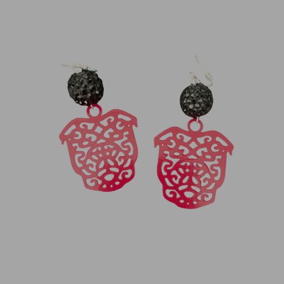 Bulldog Black & Red Filigree Dangle Earrings l Georgia Dawgs l Football Earrings - Picture 2 of 2